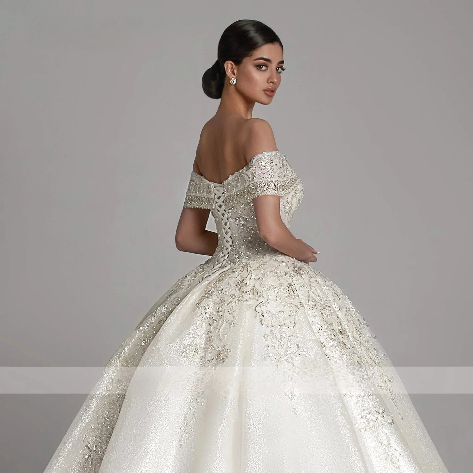 Robes de mariée sur mesure en forme de bal pour femmes, de luxe, épaules dénudées, en tulle scintillant, robe de mariée en cristal, Vestidos De Novia
