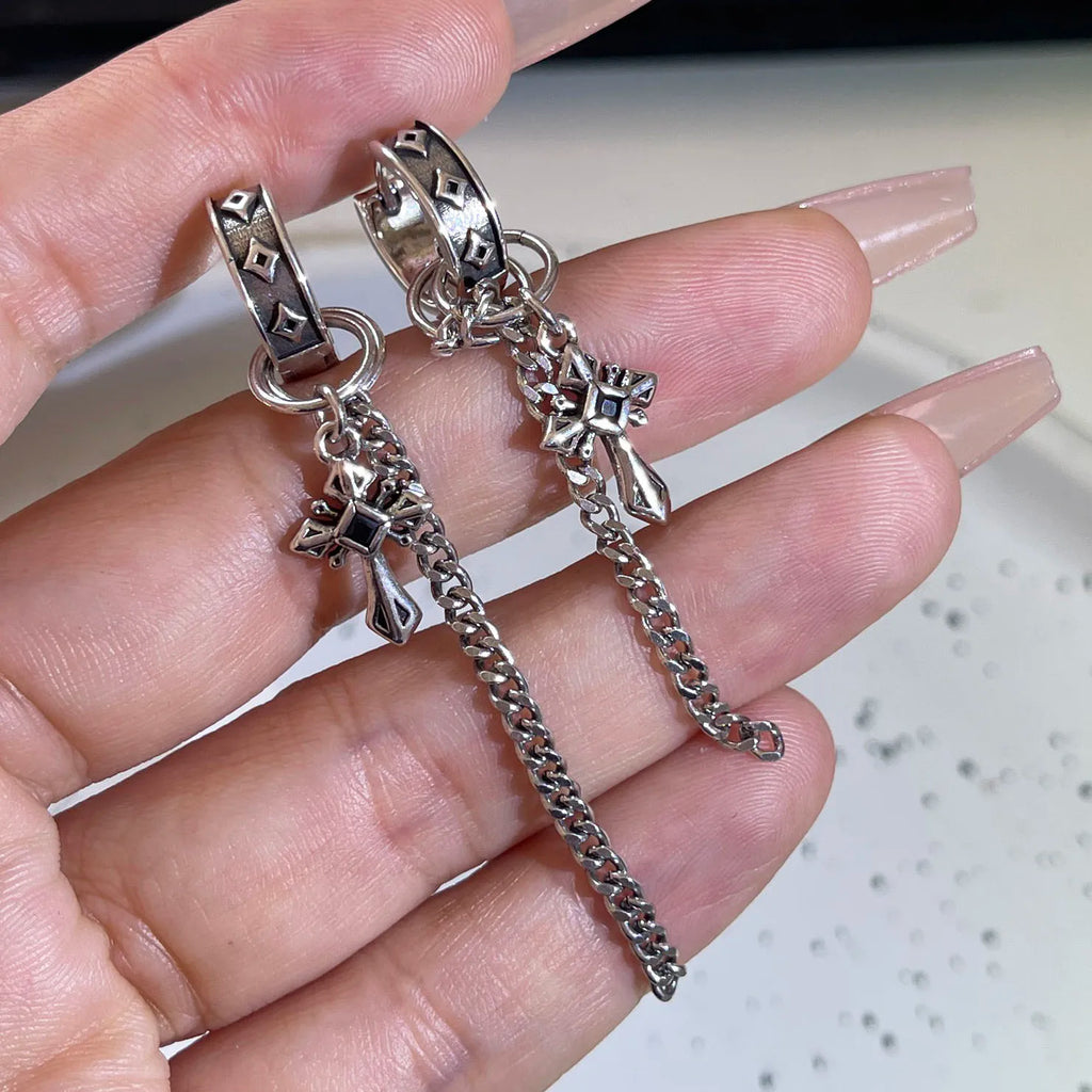 Boucles d'oreilles créoles longues vintage à chaîne — Argent sterling 925