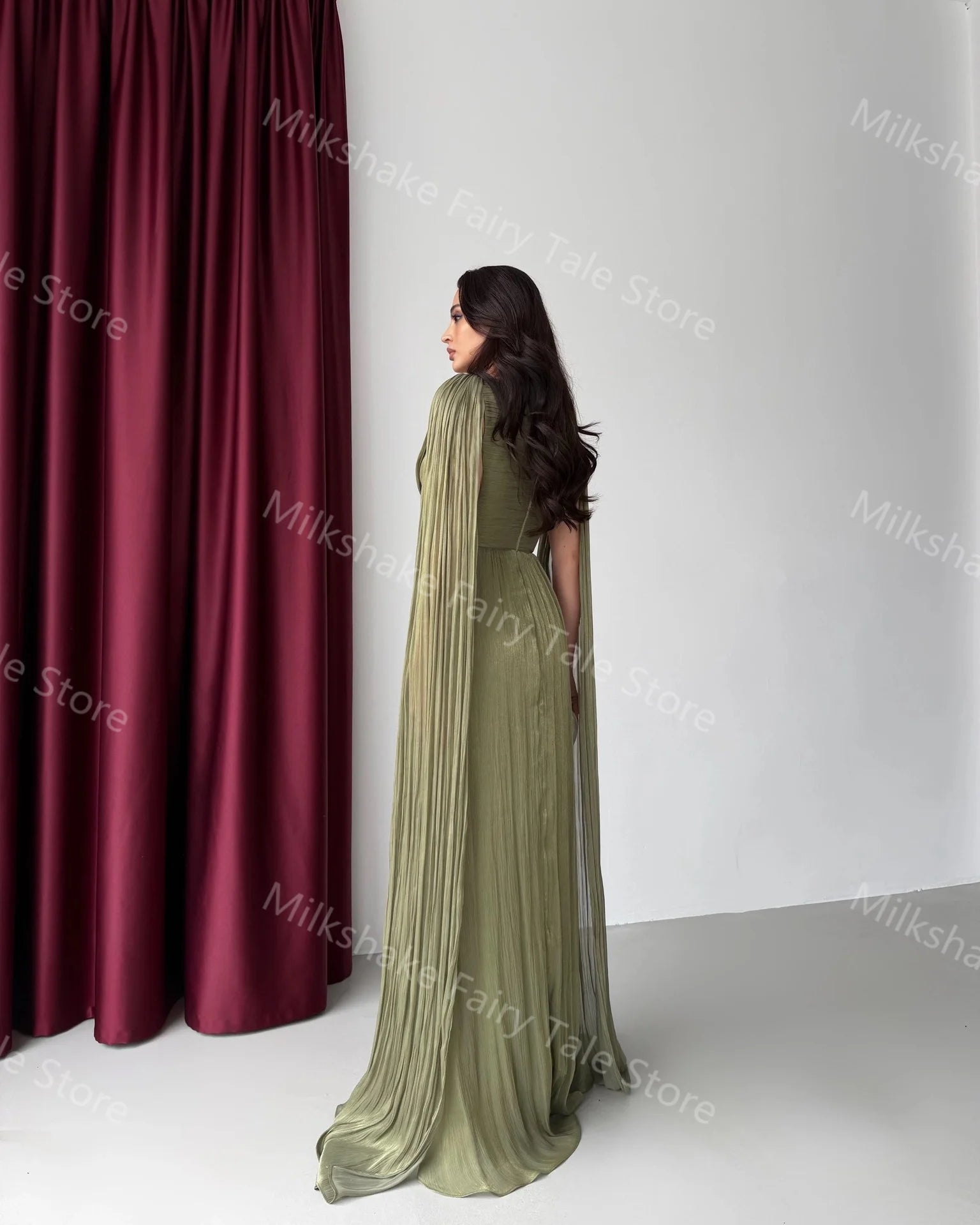 Robes de soirée vert olive élégantes Manches longues cape Robes de bal pour femmes Longueur au sol Robes d'invitées de mariage personnalisées