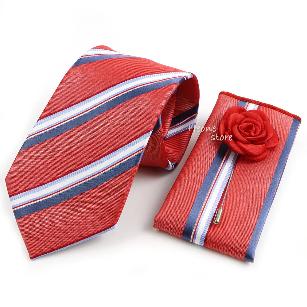 Men's Striped Necktie, Pocket Square & Brooch Set | Groom & Groomsmen Wedding Accessory