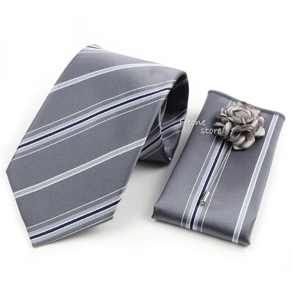 Men's Striped Necktie, Pocket Square & Brooch Set | Groom & Groomsmen Wedding Accessory