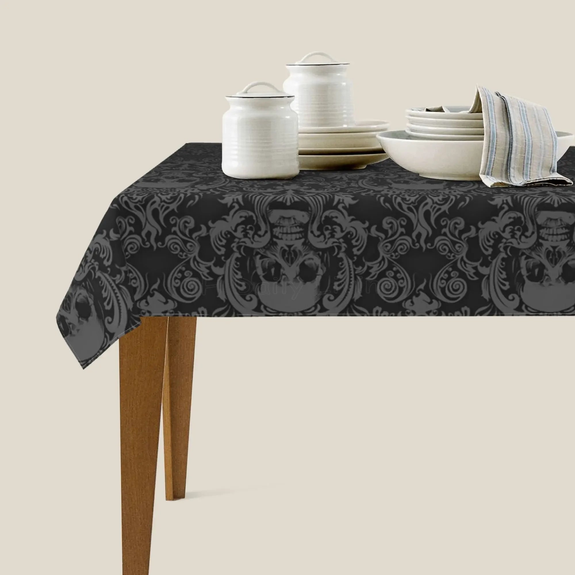 Nappe rectangulaire noire tête de mort gothique avec motif floral en polyester lavable pour cuisine, fête, pique-nique et salle à manger