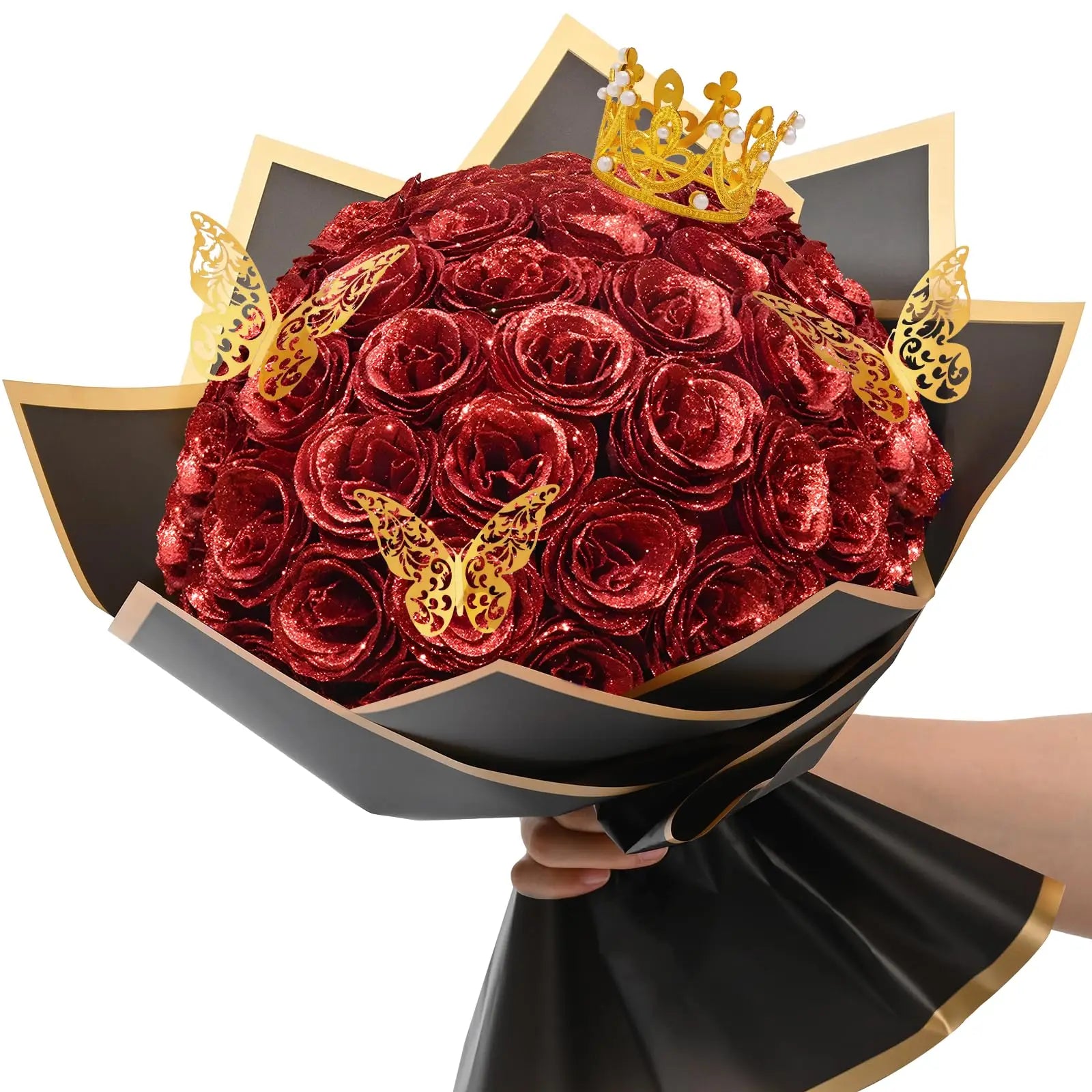 Glitter Rose Bouquet | 18-Piece Faux Flower Arrangement for Weddings & Gifts