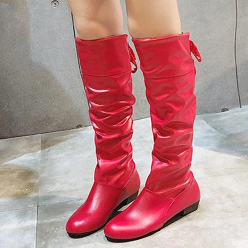 Chaussures Femme 2022 Printemps Bottes Hautes au Genou Rouge Noir Blanc Bottes Hautes Femme Plissées Talon Bas Décontracté Cuir Chaussures Longues Femme