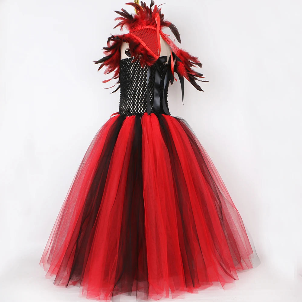 Robe Tutu en Tulle Reine Maléfique Sorcière Vampire Démon Gothique pour Filles, Robe Longue de Fête de Carnaval d'Halloween pour Enfants, Tenues de Déguisement