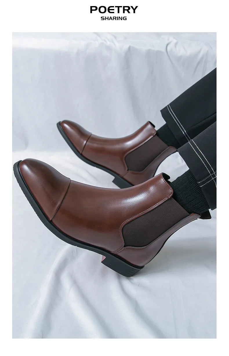 Bottes Cheville Homme Affaires Semelle Rouge Bout Pointu Bottines Habillées Britanniques Chaussures Hautes en Cuir Décontractées Chelsea Homme à Enfiler