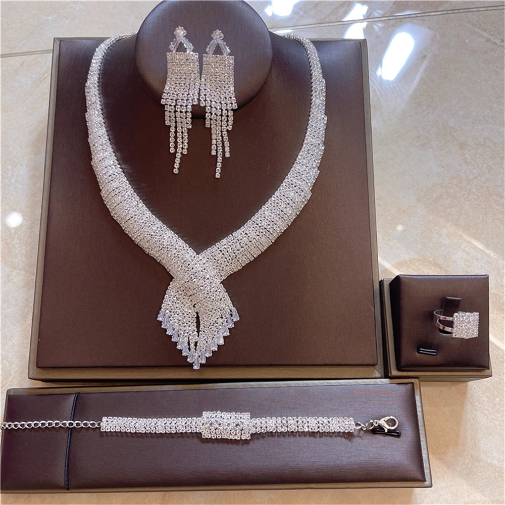 Luxury Tassel Rhinestone 4-Piece Bridal Jewelry Set — Necklace, Earrings, Ring & Bracelet