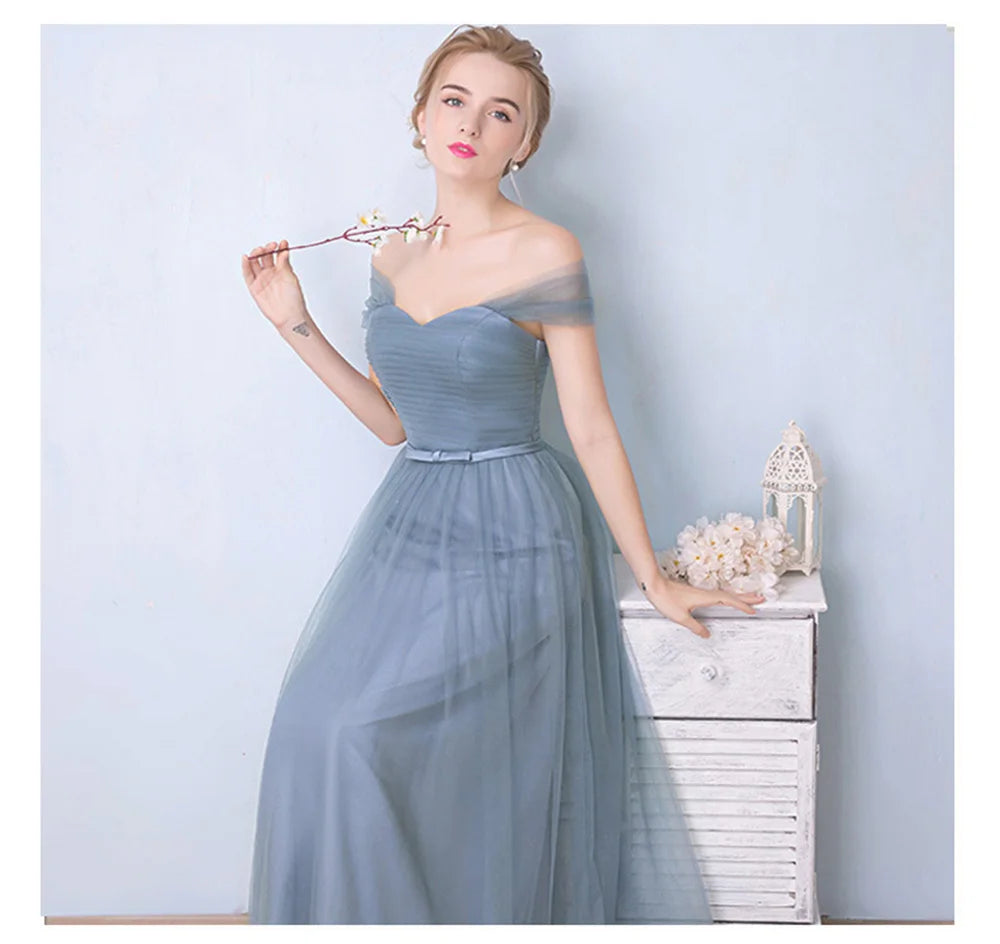 Élégante Robe de Demoiselle d'honneur Gris Bleu Simple 4 styles sans Manches Femme Classique Tulle Ceinture Satin Lacets Nœud Robe de Bal Ligne A