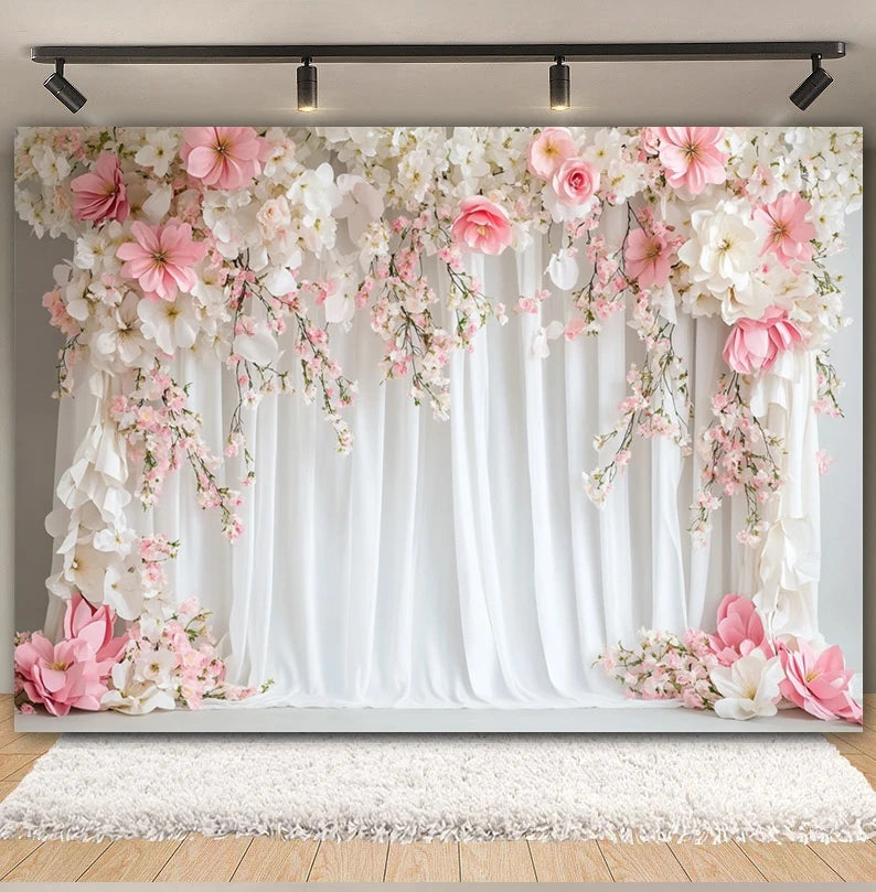 Toile de fond de fête pour photographie, motif mariage, fleur rose, palais, mur blanc, pour fête prénuptiale, décor de portrait de mariage, arrière-plan photo