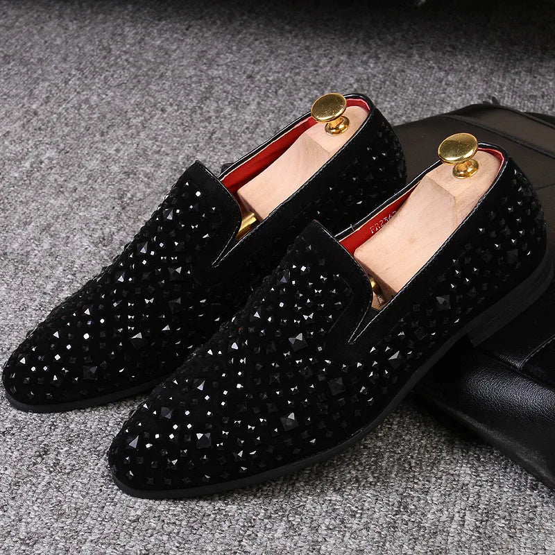 Chaussures habillées pour hommes de luxe à bout pointu, mocassins noirs, en jean, à paillettes métalliques, chaussures de mode de haute qualité pour hommes, chaussures de mariage, nouveauté