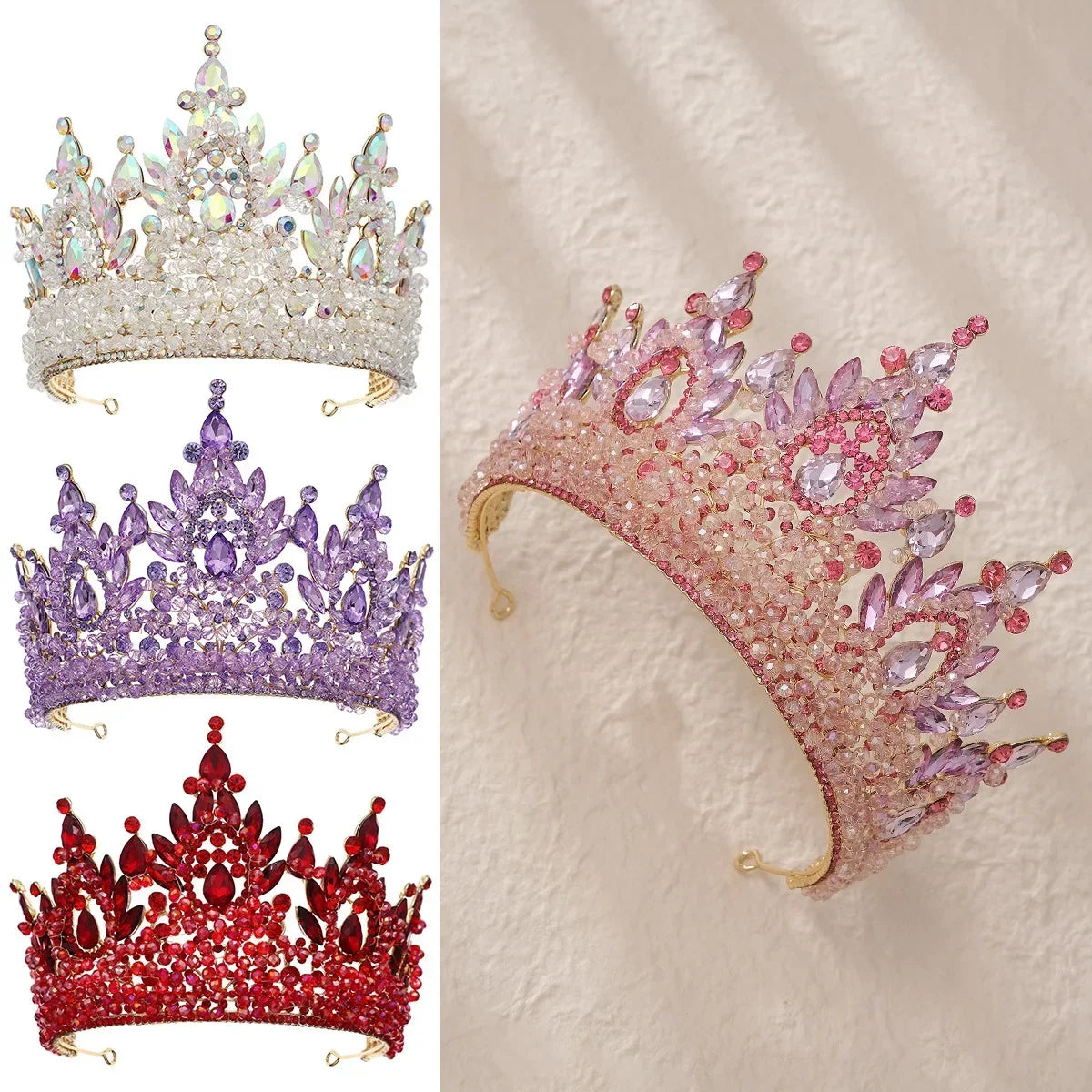 Accessoires de cheveux de mariage colorés roses, coiffe de concours de beauté, diadème de mariée Fait à la main en CRISTAL coloré avec perles