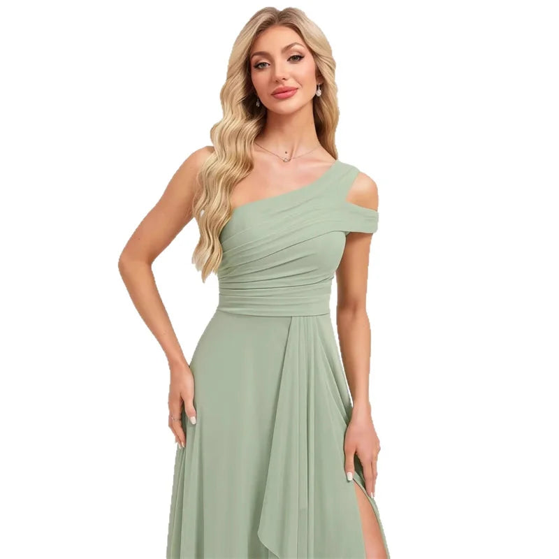 Robe de Demoiselle d'honneur en Mousseline Coupe Droite, Épaule Dénudée, Fendue, Plissée, Élégante pour Mariage, Soirée ou Bal, Dos Lacé