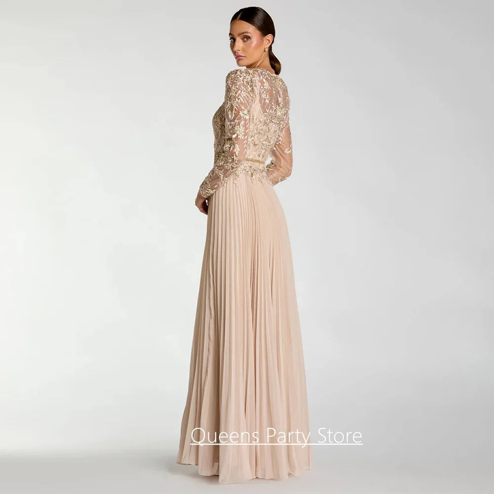 Robe de soirée de mariage personnalisée élégante col rond manches longues perles applique plissée mousseline robe de mère de la mariée