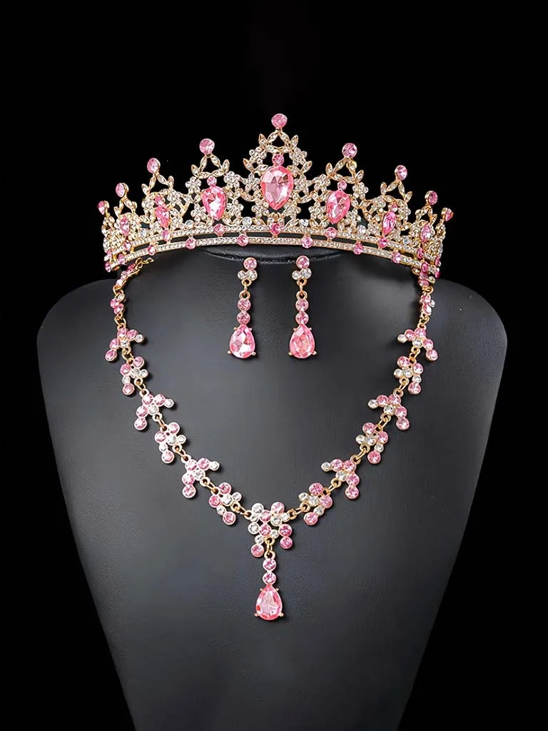Accessoires de mariée tendance et élégants, parure 3 pièces : Couronne de mariée, collier, boucles d'oreilles, accessoires pour robe de mariée