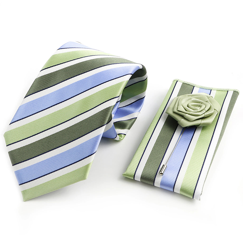 Men's Striped Necktie, Pocket Square & Brooch Set | Groom & Groomsmen Wedding Accessory
