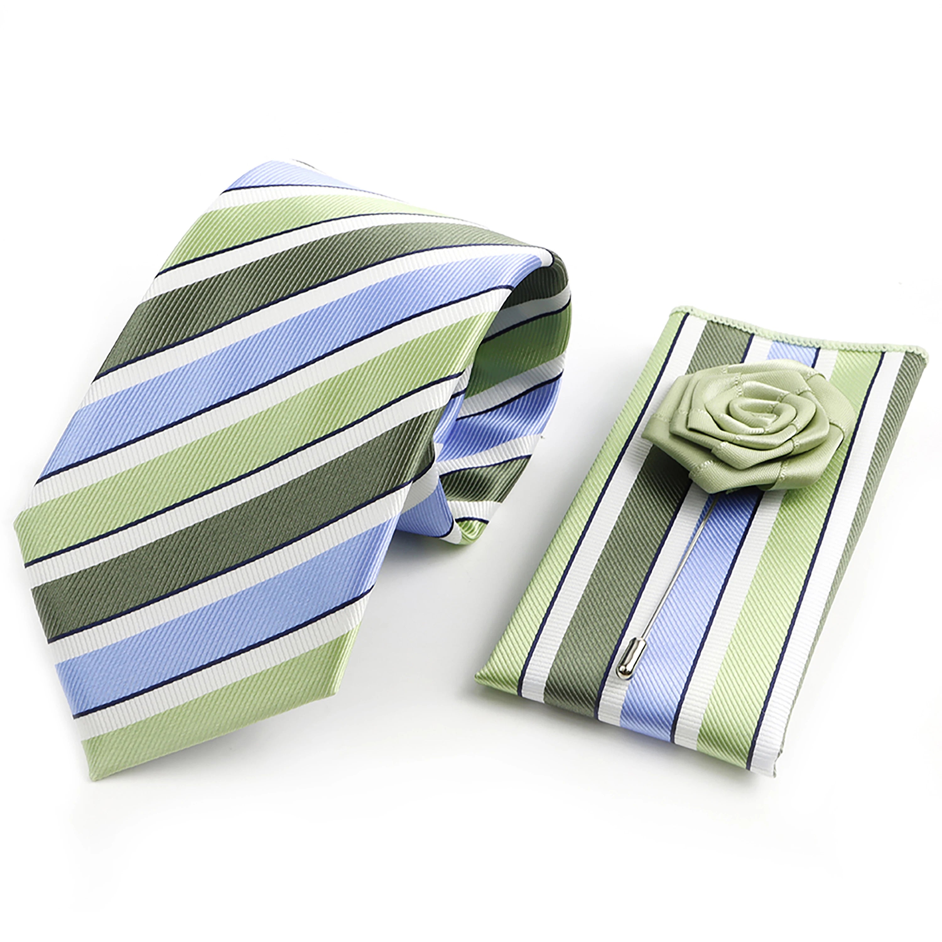 Men's Striped Necktie, Pocket Square & Brooch Set | Groom & Groomsmen Wedding Accessory