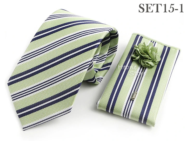 Men's Striped Necktie, Pocket Square & Brooch Set | Groom & Groomsmen Wedding Accessory