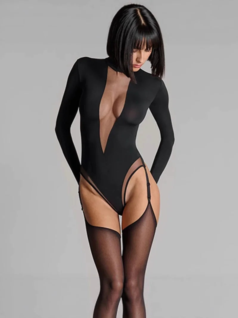 Body bustier femme sexy slim en dentelle de couleur unie à manches longues style européen et américain pour le printemps et l'automne