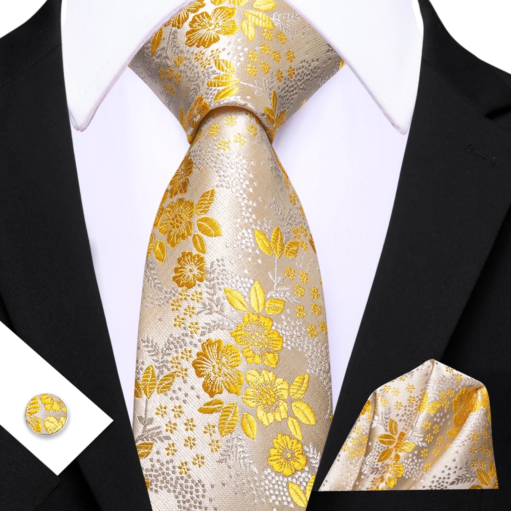Barry.Wang Cravate Jacquard Or et Jaune pour Homme avec Mouchoir de Poche et Boutons de Manchette, Cravate Exquise pour Mariage et Affaires