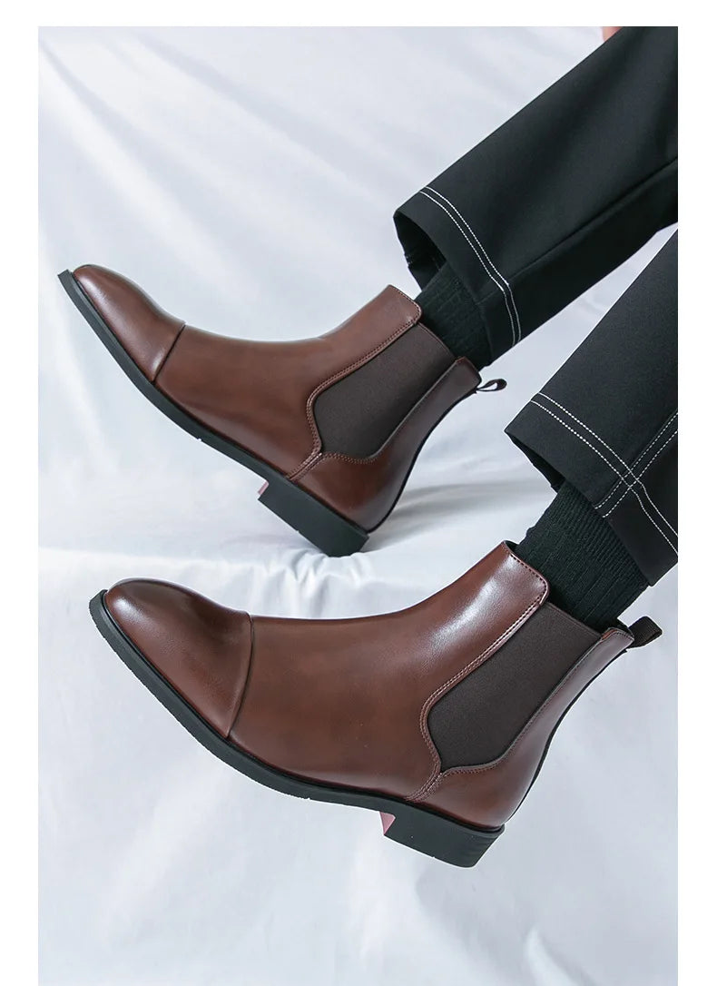 Bottes Cheville Homme Affaires Semelle Rouge Bout Pointu Bottines Habillées Britanniques Chaussures Hautes en Cuir Décontractées Chelsea Homme à Enfiler