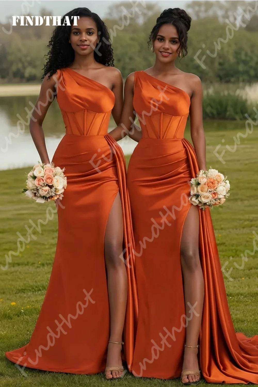 Findthat Robe de Demoiselle d'Honneur Sirène Fendue pour Soirée, Robe Longue de Bal Orange à Une Épaule, Robe d'Invitée de Mariage Personnalisée