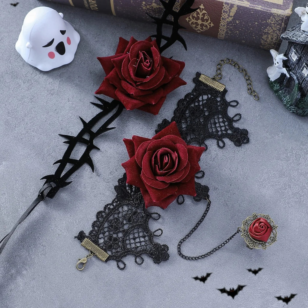 Gothic Skull & Floral Choker Necklace — Halloween & Alternative Wedding Jewelry
