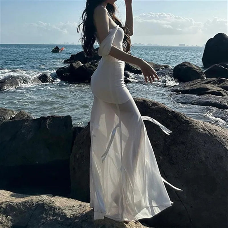 Goth Dark Fairycore Diverse Dressing Styles Partywear Sexy Strapless Hooded Long Dress Gothic Cute Bow Mesh Slim Bodycon Dresses