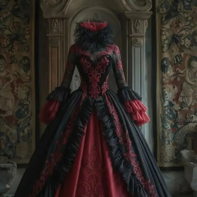 Medieval Gothic Wedding Dress Black And Burgundy Vampire Halloween Costume Lace Appliques Flare Sleeves High Collar Customized