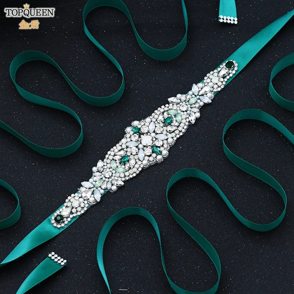 TOPQUEEN Ceinture Verte Multi-styles Avec Diamants Accessoires de Mariage Nuptiaux Strass Robes Femme Soirée Ceintures S30