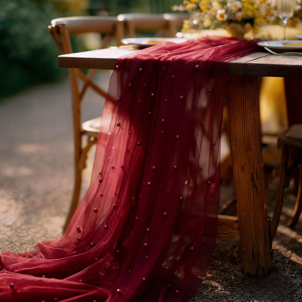 Lot de 2 chemins de table en tulle bordeaux avec perles, élégants, idéaux pour les mariages, les fêtes de Noël et autres événements.