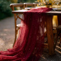 Lot de 2 chemins de table en tulle bordeaux avec perles, élégants, idéaux pour les mariages, les fêtes de Noël et autres événements.