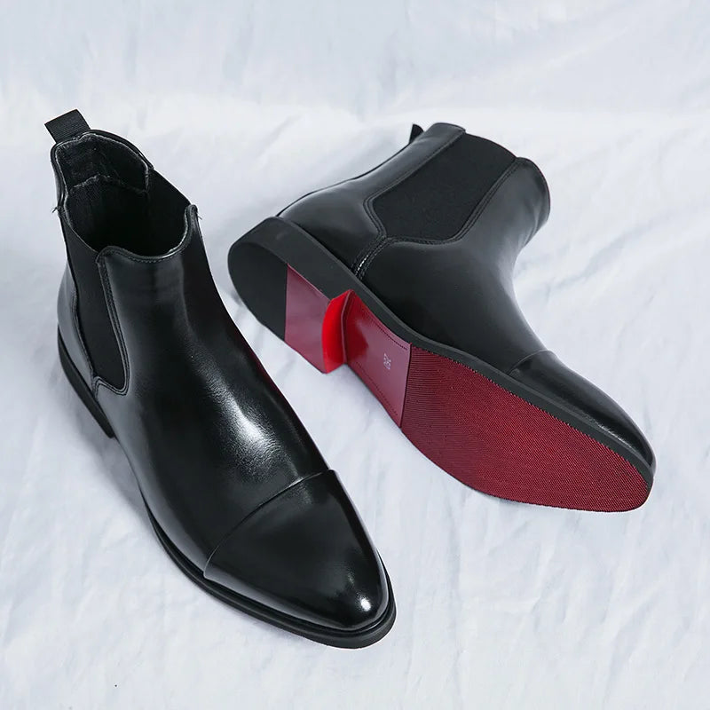 Bottes pour hommes Bottines d'affaires Semelle rouge Bout pointu Bottes habillées Chaussures montantes en cuir de style britannique Chelsea pour hommes décontractées à enfiler