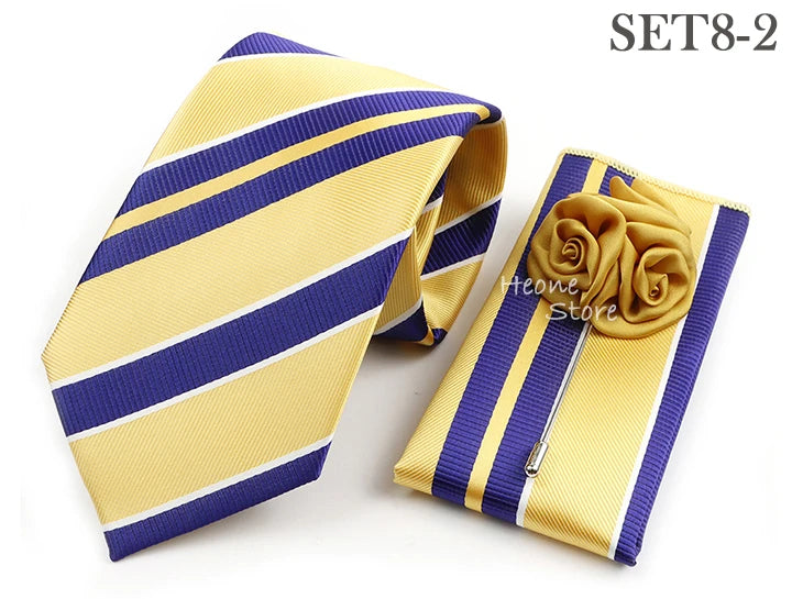 Men's Striped Necktie, Pocket Square & Brooch Set | Groom & Groomsmen Wedding Accessory