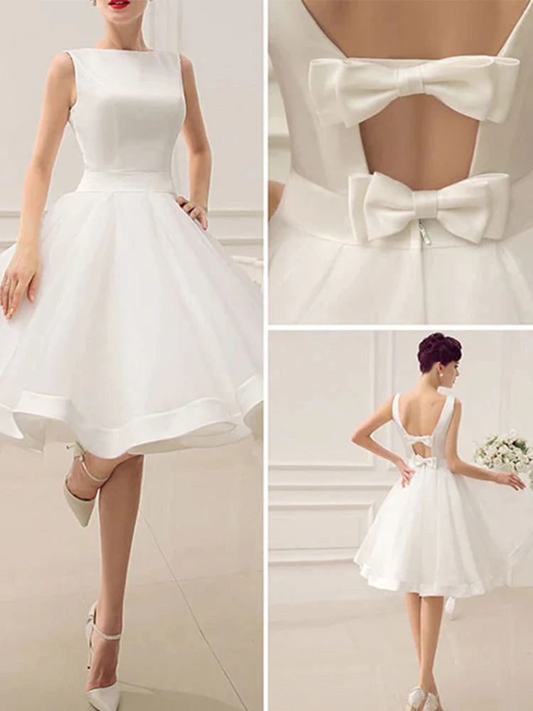 Ivory Satin A-Line Wedding Dress | Boat Neck Sleeveless Bridal Gown with Bow