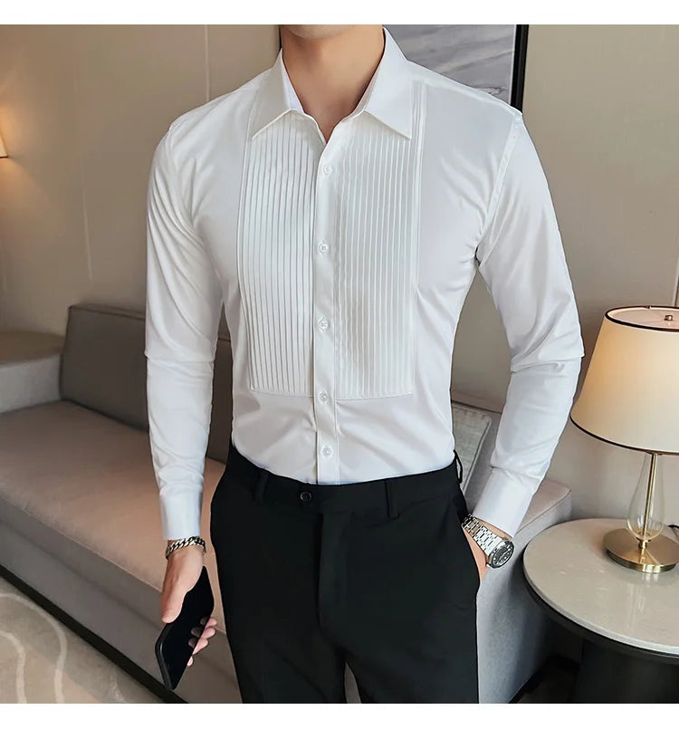 Men's Pleated Tuxedo Dress Shirt – Slim Fit Groom & Groomsmen Wedding Shirt