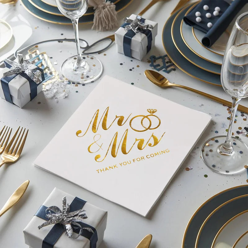 20/60/100 Pièces Serviettes de Mariage Dorées Mr Mrs Serviettes en Papier pour Décoration de Table de Dessert de Mariage Fournitures de Fête Prénuptiale