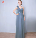 Élégante Robe de Demoiselle d'honneur Gris Bleu Simple 4 styles sans Manches Femme Classique Tulle Ceinture Satin Lacets Nœud Robe de Bal Ligne A