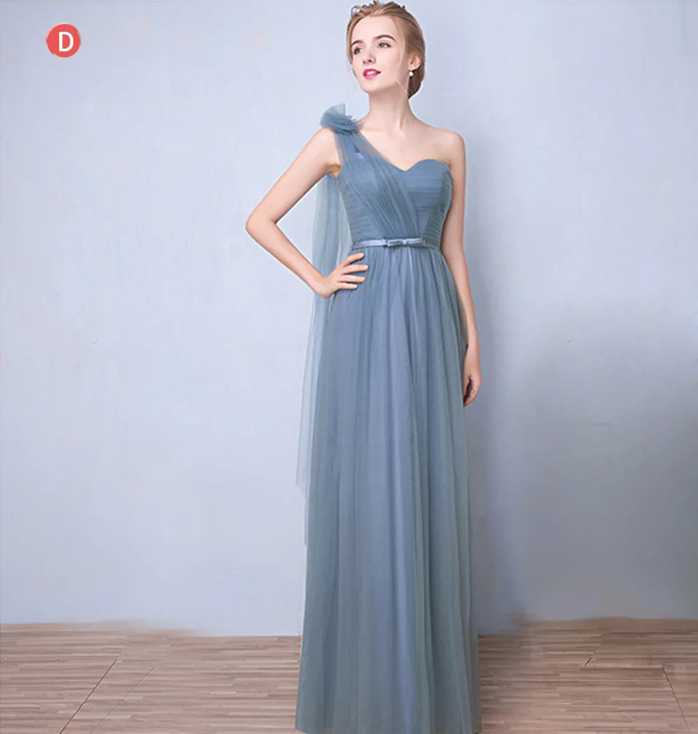 Élégante Robe de Demoiselle d'honneur Gris Bleu Simple 4 styles sans Manches Femme Classique Tulle Ceinture Satin Lacets Nœud Robe de Bal Ligne A