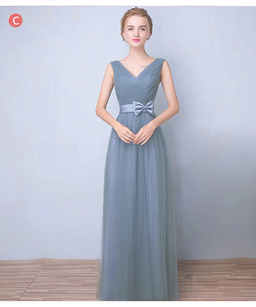 Élégante Robe de Demoiselle d'honneur Gris Bleu Simple 4 styles sans Manches Femme Classique Tulle Ceinture Satin Lacets Nœud Robe de Bal Ligne A