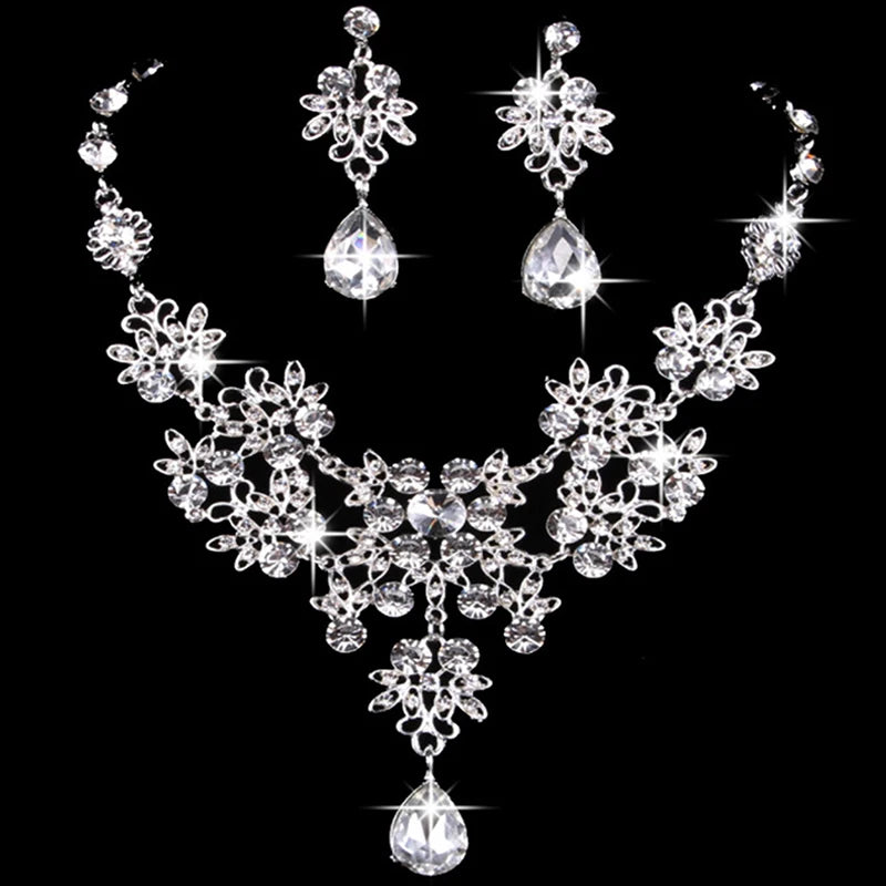 Parure Collier et Boucles d'Oreilles de Mariée Fleur et Goutte d'Eau