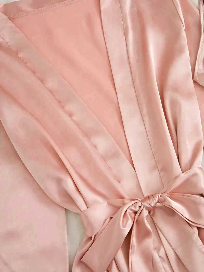 Ensemble de pyjama en satin pour femme, rose, lingerie sexy, robe de chambre, patchwork en dentelle, nuisette en soie, pantalon, vêtements de nuit pour la maison