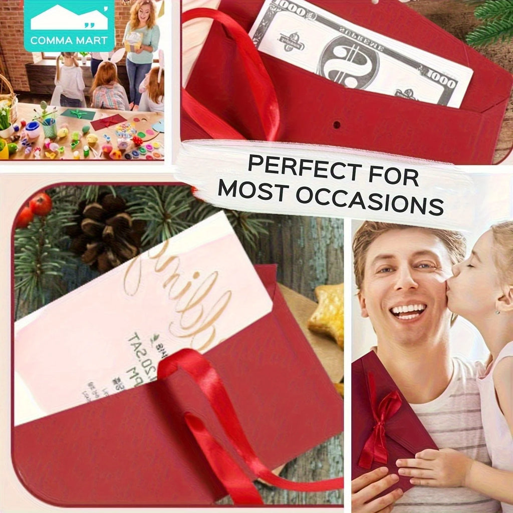 6 élégantes enveloppes cadeaux rouges avec nœuds en ruban - Invitations en papier kraft pour anniversaires, Noël, emballage cadeau de vacances