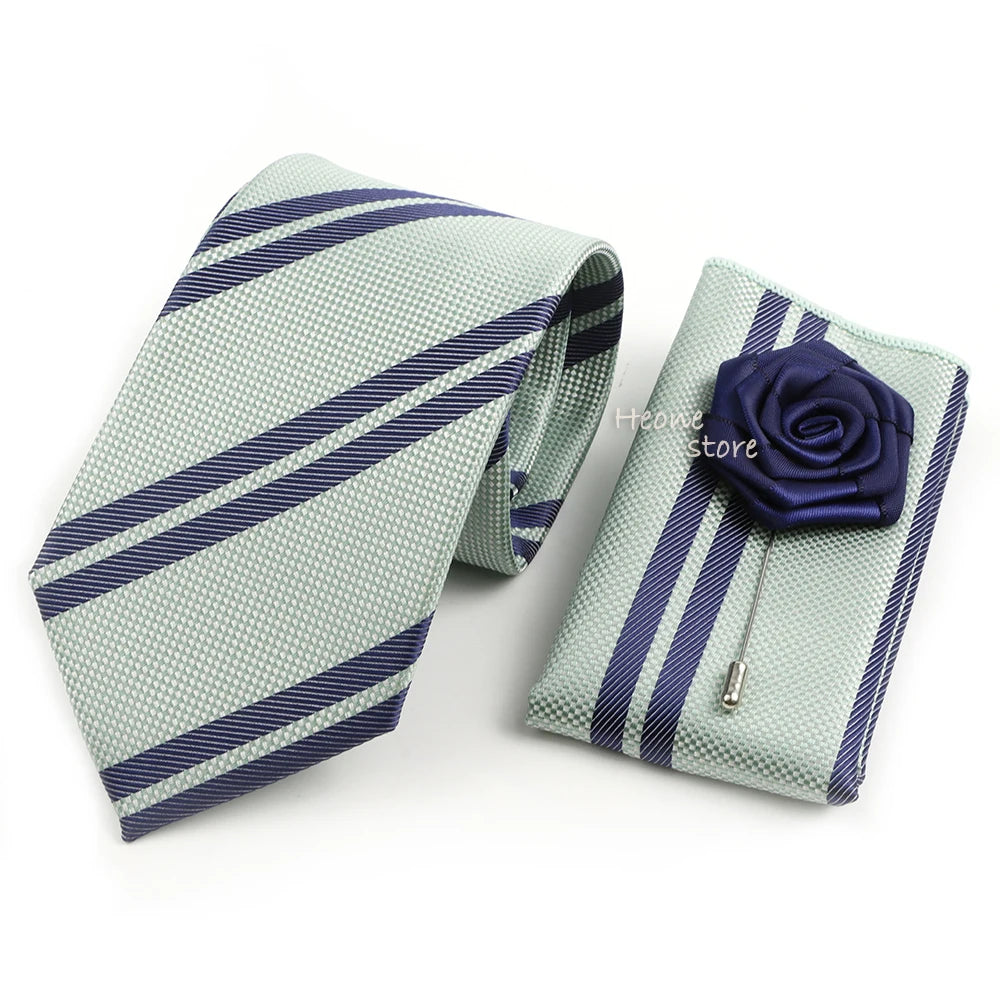 Men's Striped Necktie, Pocket Square & Brooch Set | Groom & Groomsmen Wedding Accessory