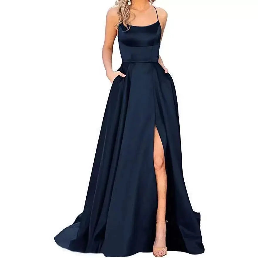 Robe de Demoiselle d'Honneur Bleu Marine pour Mariages Femme Invitée 2024 Sexy à Fines Bretelles Fendue Robes de Soirée Longues