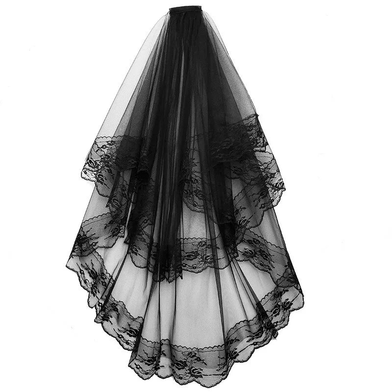 Voile de Mariée d'Halloween pour Femme avec Bord en Dentelle Voile de Mariage en Tulle 2 Niveaux