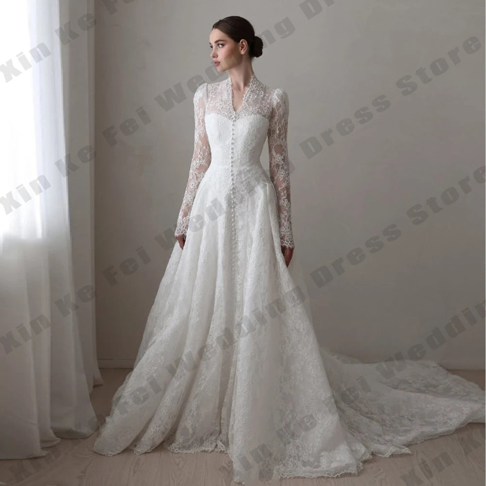 Muslim Women's Bridal Gowns Elegant High Collar Long Sleeve Princess Wedding Dresses Formal Party Bride Dress Customized Robe De