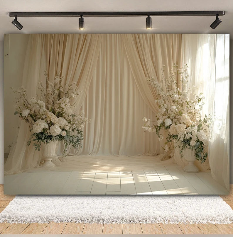 Toile de fond de fête pour photographie, motif mariage, fleur rose, palais, mur blanc, pour fête prénuptiale, décor de portrait de mariage, arrière-plan photo