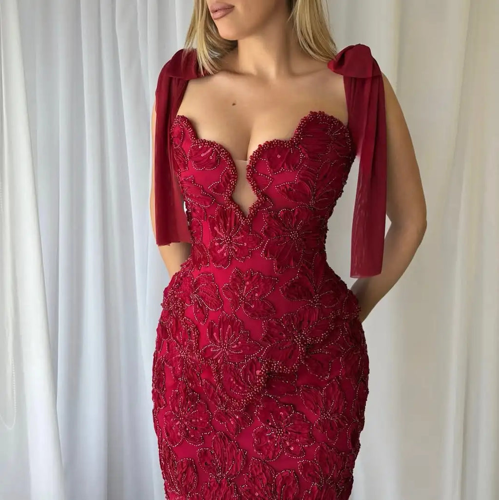 Ofherown Red 3D Floral Beaded Prom Gown Luxury Spaghetti Strap Evening Dress with Chiffon Bow Formal Gown for Wedding Party