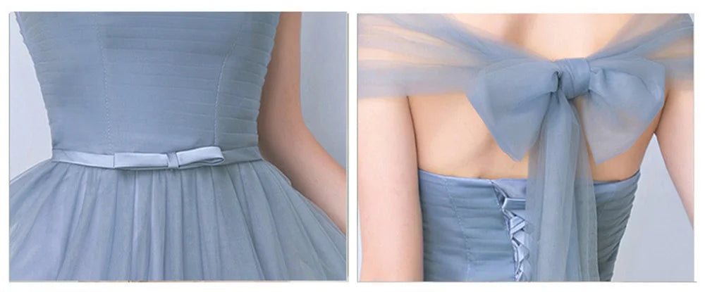 Élégante Robe de Demoiselle d'honneur Gris Bleu Simple 4 styles sans Manches Femme Classique Tulle Ceinture Satin Lacets Nœud Robe de Bal Ligne A