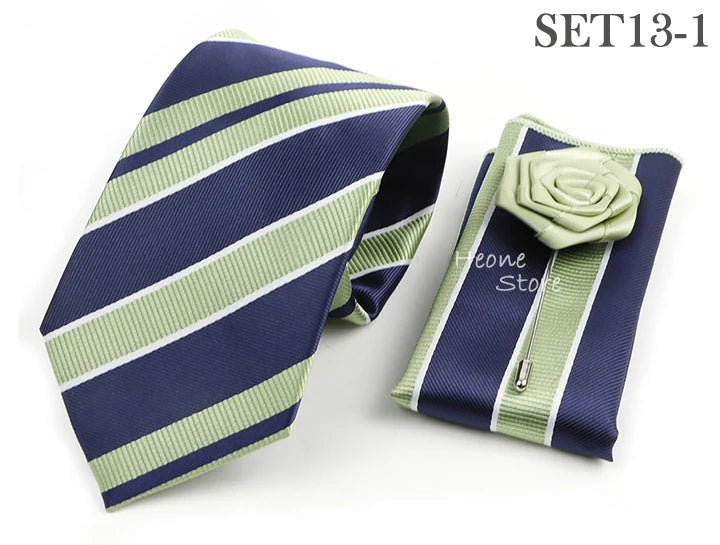 Men's Striped Necktie, Pocket Square & Brooch Set | Groom & Groomsmen Wedding Accessory